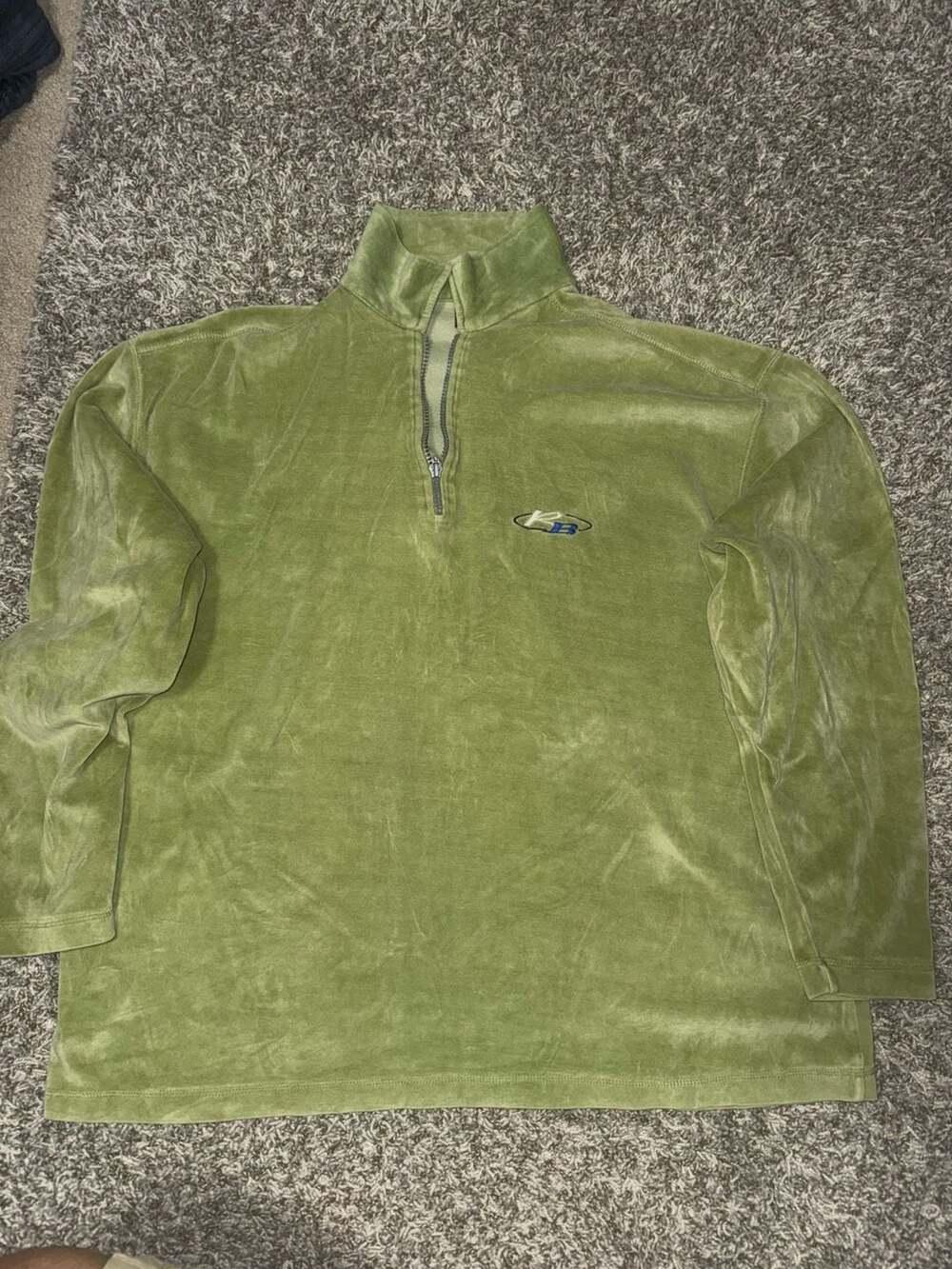 Vintage Retro Blues Men's Olive Green Velour Half-Zip Pullover Sweatshirt